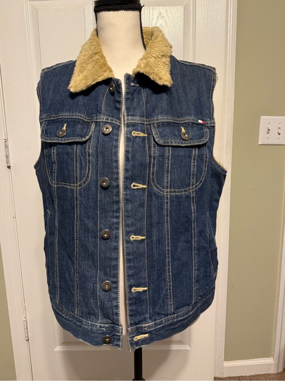 Tommy Hilfiger Blue Denim Jacket Vest with Tan Sherpa Lining